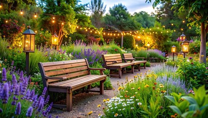 Obraz premium Serene Healing Garden with Blooming Flowers and Wooden Benches at Sunset