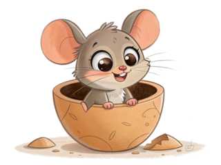 Cute mouse cartoon in a broken pot. Isolated transparent background.
