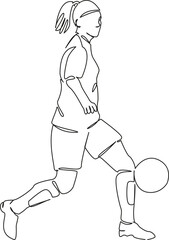One continuous single drawing line art flat doodle sport, soccer, playing, football, kicking, athlete, competition, girl, ball. Isolated image hand draw contour on a white background, hand drawn, not 
