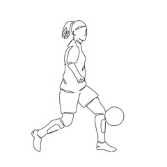 One continuous single drawing line art flat doodle sport, soccer, playing, football, kicking, athlete, competition, girl, ball. Isolated image hand draw contour on a white background, hand drawn, not 