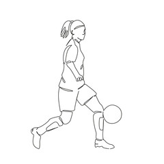 One continuous single drawing line art flat doodle sport, soccer, playing, football, kicking, athlete, competition, girl, ball. Isolated image hand draw contour on a white background, hand drawn, not 
