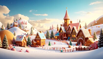 Gingerbread village, winter scene, snowy hills