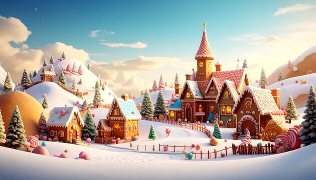 Gingerbread village, winter scene, snowy hills