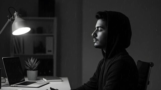 Focused Man Meditating in a Hoodie at a Desk During a Storm, Mental Health Concept - Powered by Adobe