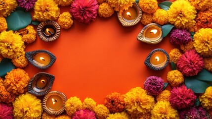 A vibrant arrangement of marigold flowers and diyas, creating a festive border on an orange background.