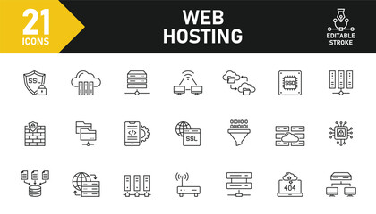 Web Hosting line icon set. Set of 21 outline icons related to web hosting, data, domain, server, DNS, SSL, FTP, cloud, database, internet, computing and others. Editable stroke. Vector illustration.
