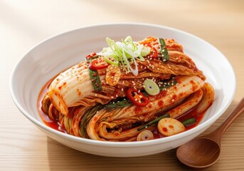 Traditional Korean Kimchi &ndash; Fermented Napa Cabbage in White Bowl, Close-Up, Authentic Food