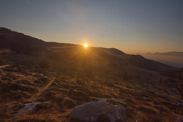 Sunrise above Cabane Serrat del Freser in Pyrenees mountains in France