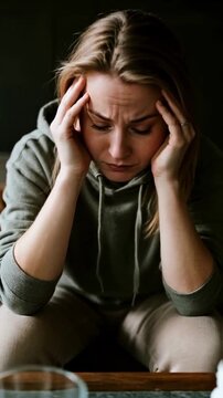 A woman suffering from a severe headache or migraine holds her head in pain, with medication on the table, a concept of stress, a mental health crisis, and chronic illness