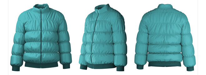 Realistic 3D clothing design of a teal puffer jacket