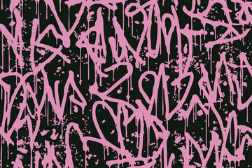 Pink graffiti lettering vector with splattered paint and dripping tags on dark background, rebellious street art texture for contemporary design. © MCGORIE