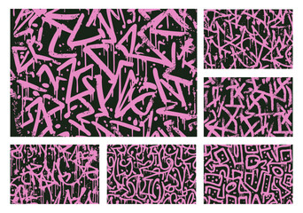 Set of abstract pink graffiti tag vectors on black background with dripping spray paint effect, urban street art collection for modern design and wallpaper.