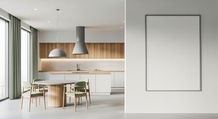 Modern kitchen interior with dining area and blank poster frame