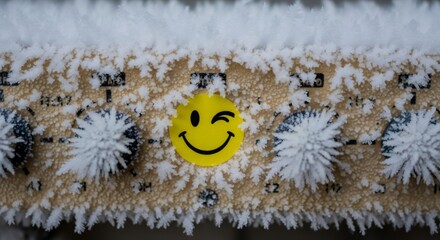 Frost and hoarfrost on heating system control panel with winking smiley face. Winter temperature extreme and cold concept.