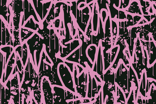 Pink graffiti lettering vector with splattered paint and dripping tags on dark background, rebellious street art texture for contemporary design.