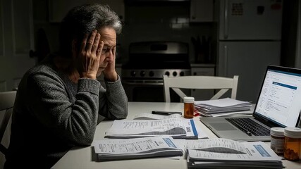 A stressed senior woman holds her head in despair while reviewing medical bills and finances on a laptop at night, a powerful concept for debt, retirement crisis, and healthcare costs - Powered by Adobe