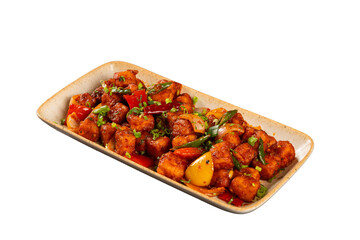 Chilli Paneer presented beautifully in a ceramic plate on a Transparent PNG Background