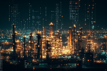 Night view of a large industrial complex, illuminated by glowing pipes and structures.  Digital data streams overlay the scene