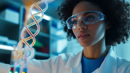 Scientific discovery female scientist analyzing dna structure in laboratory modern environment close-up view science innovation