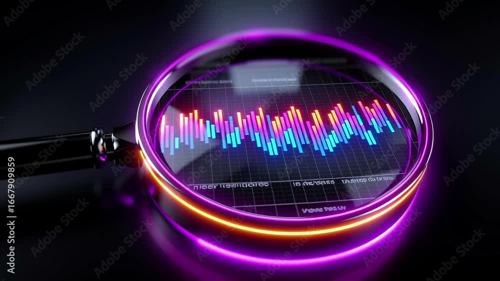 Aufkleber a magnifying glass displaying a colorful sound wave pattern on a dark background with neon illuminat