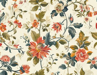 Ornate floral pattern, detailed blooms in shades of orange, red, and green on a light beige background