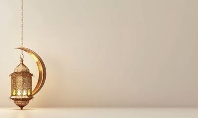 Ornate lantern and crescent moon on beige background