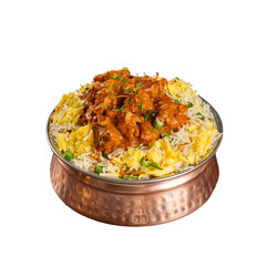 Egg fried rice with chicken boneless curry in a copper pot on a Transparent PNG Background