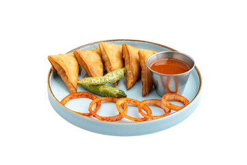 Mutton Keema Samosa in a plate with ketchup and fried chilli on a Transparent PNG Background