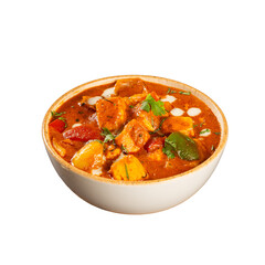 India Kadhai Paneer curry in a white ceramic bowl on a Transparent PNG Background