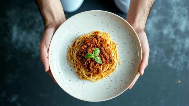 Chef holding plate of Bolognese pasta, close-up, top view, slow motion video