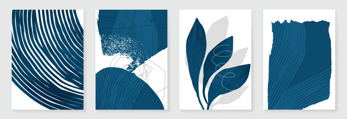 Naklejka na ściany i meble Abstract wall art vector set. Organic shape with blue watercolor texture in earth tone colors. Illustration design for Eco packaging, interior, cover, wall art, wallpaper.