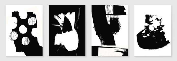 Naklejka na ściany i meble Abstract wall art vector set. Abstract paint with black watercolor texture in monochrome. Illustration design for Eco packaging, interior, cover, wall art, wallpaper.