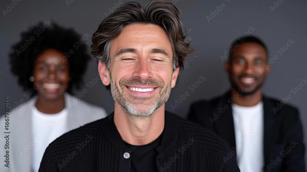 Poster a smiling man in front with two people blurred in the background, all appearing to be in a professio