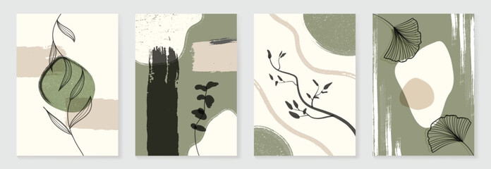 Abstract botanical poster vector set. Ginkgo leaves, flower with watercolor and grain texture in earth tone colors. Illustration design for Eco packaging, interior, cover, wall art, wallpaper.