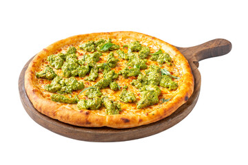 Pesto Chicken Pizza on a Pizza Board on a Transparent PNG Background
