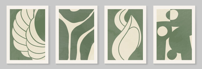Abstract wall art vector set. Organic shape and leaves with green watercolor texture in earth tone colors. Illustration design for Eco packaging, interior, cover, wall art, wallpaper. © TWINS DESIGN STUDIO
