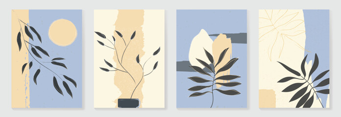 Abstract botanical poster vector set. Leaves, flower with grain texture in earth tone colors. Illustration design for Eco packaging, interior, cover, wall art, wallpaper.