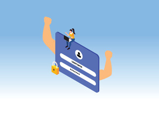 A woman with a laptop sitting on a strong user login form with muscular arms. Concept of cybersecurity and secure access 3d isometric vector illustration