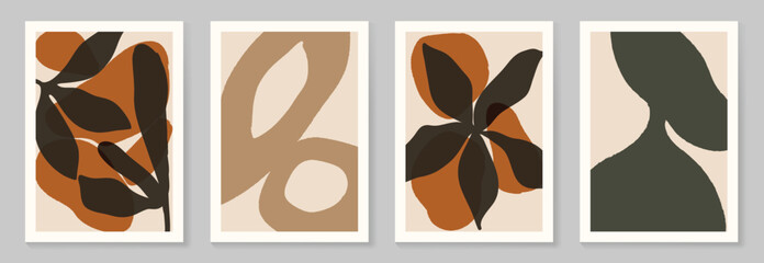 Fototapeta na wymiar Abstract wall art vector set. Organic shape and leaves with watercolor texture in earth tone colors. Illustration design for Eco packaging, interior, cover, wall art, wallpaper.