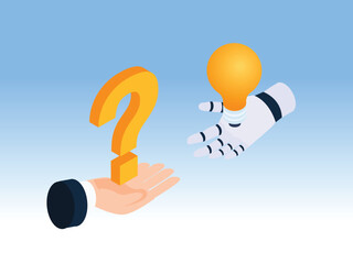 A robot's hand giving a lightbulb to a human hand holding a question mark. Concept of AI providing solutions and ideas to human problems 3d isometric vector illustration