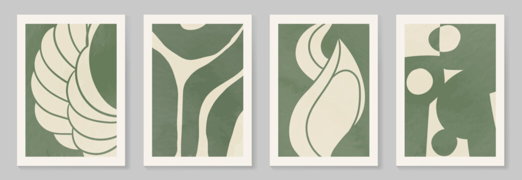 Abstract wall art vector set. Organic shape and leaves with green watercolor texture in earth tone colors. Illustration design for Eco packaging, interior, cover, wall art, wallpaper.