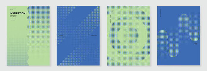 Naklejka na ściany i meble Modern gradient poster on green and blue background vector set. Cover template with blue and green dot halftone in different shape. Modern Design for wall art, flyer, brochure, cover and web banner.