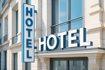 Modern hotel sign with bold blue letters on luxury building exterior, stylish daylight travel background concept with creative architectural design.