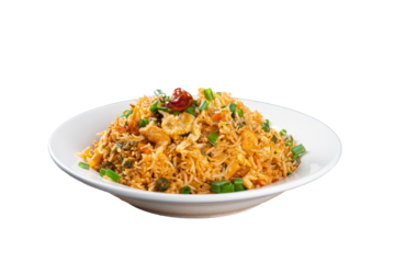 Schezwan Egg Fried Rice in a White Plate on a Transparent PNG Background