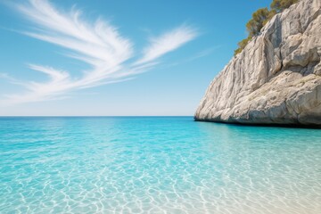 Naklejka premium Crystal clear turquoise sea with rocky cliff and wispy clouds under bright blue sky in a peaceful summer coastal scene.
