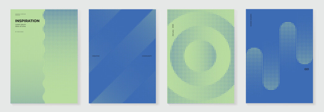 Modern gradient poster on green and blue background vector set. Cover template with blue and green dot halftone in different shape. Modern Design for wall art, flyer, brochure, cover and web banner.