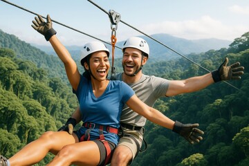 Happy couple ziplining over lush tropical forest, wearing helmets and safety gear, enjoying adventure under bright daylight in a mountain background. Ai generative