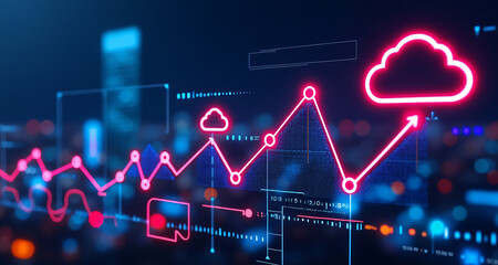 A digital graph with a rising line and two glowing cloud icons, symbolizing the growth and analysis of data within a cloud computing environment.