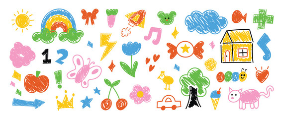 kids hand drawn doodle vector. Cute flower, cloud, sun, rainbow, house, butterfly, car, cat, candy, apple, cherry, tree in colorful. Design for fabric, sticker, icon, kids.