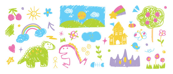 kids hand drawn doodle vector. Cute flower, cloud, sun, rainbow, house, tree, dino, bird, cherry, bee, butterfly in colorful. Design for fabric, sticker, icon, kids.